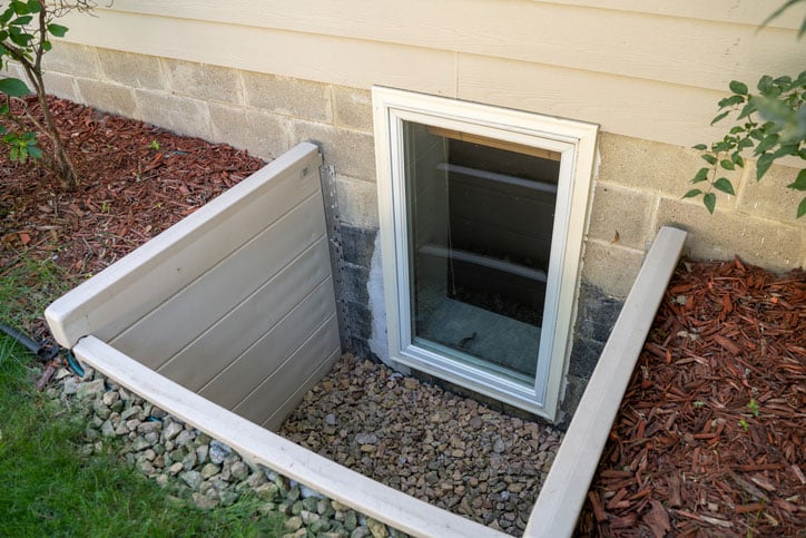 Looking down on egress window on side of home with well around window.