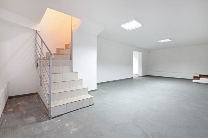 Clean white basement with concrete floor.
