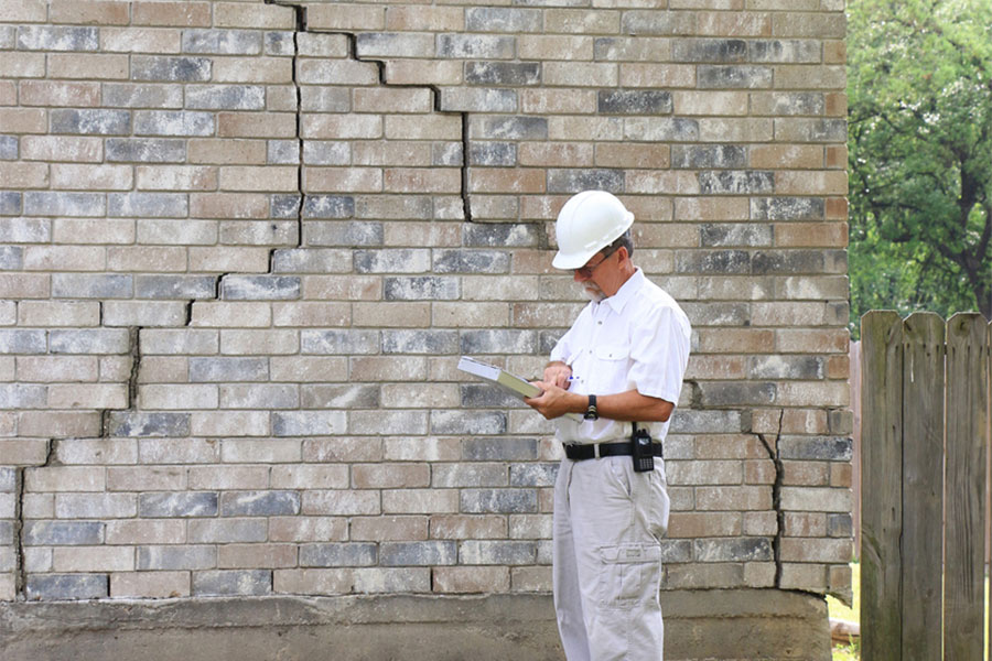 Contractor in front of cracking brick wall