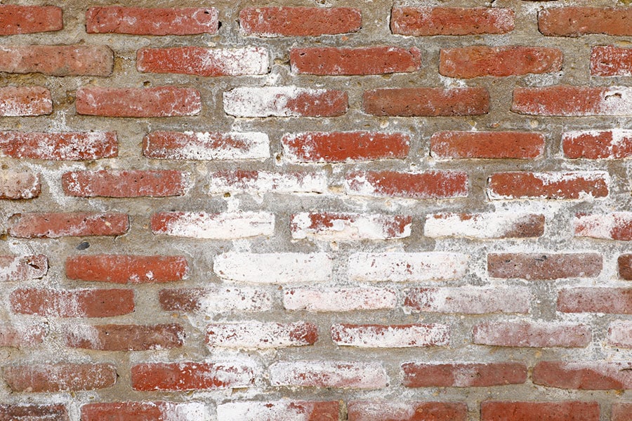 Red brick wall with uneven mortar and patches of white stains or paint, giving the surface a weathered and rustic appearance. The bricks vary slightly in size and color, adding texture to the overall pattern, commonly seen on basement walls where efflorescence often develops.